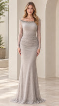 Front view of woman wearing silver beaded off-the-shoulder ruched lace mermaid evening gown