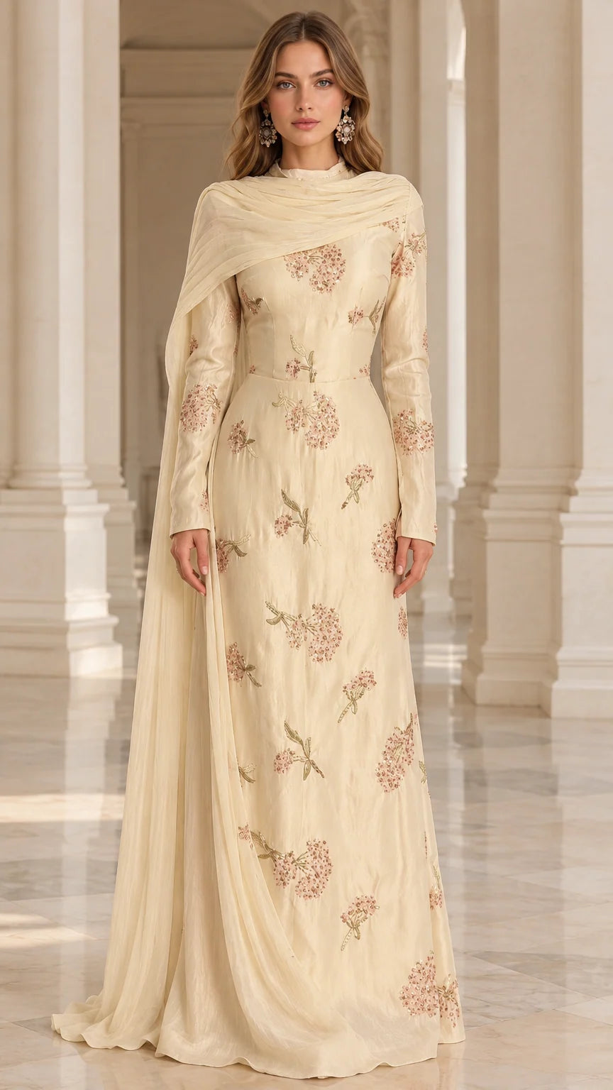 Champagne long sleeve embroidered maxi gown with shoulder drape front view