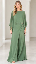 Sage green capelet overlay wide-leg evening jumpsuit front view