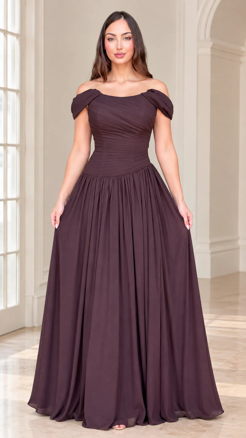 Front view of model wearing plum off-the-shoulder ruched chiffon maxi dress