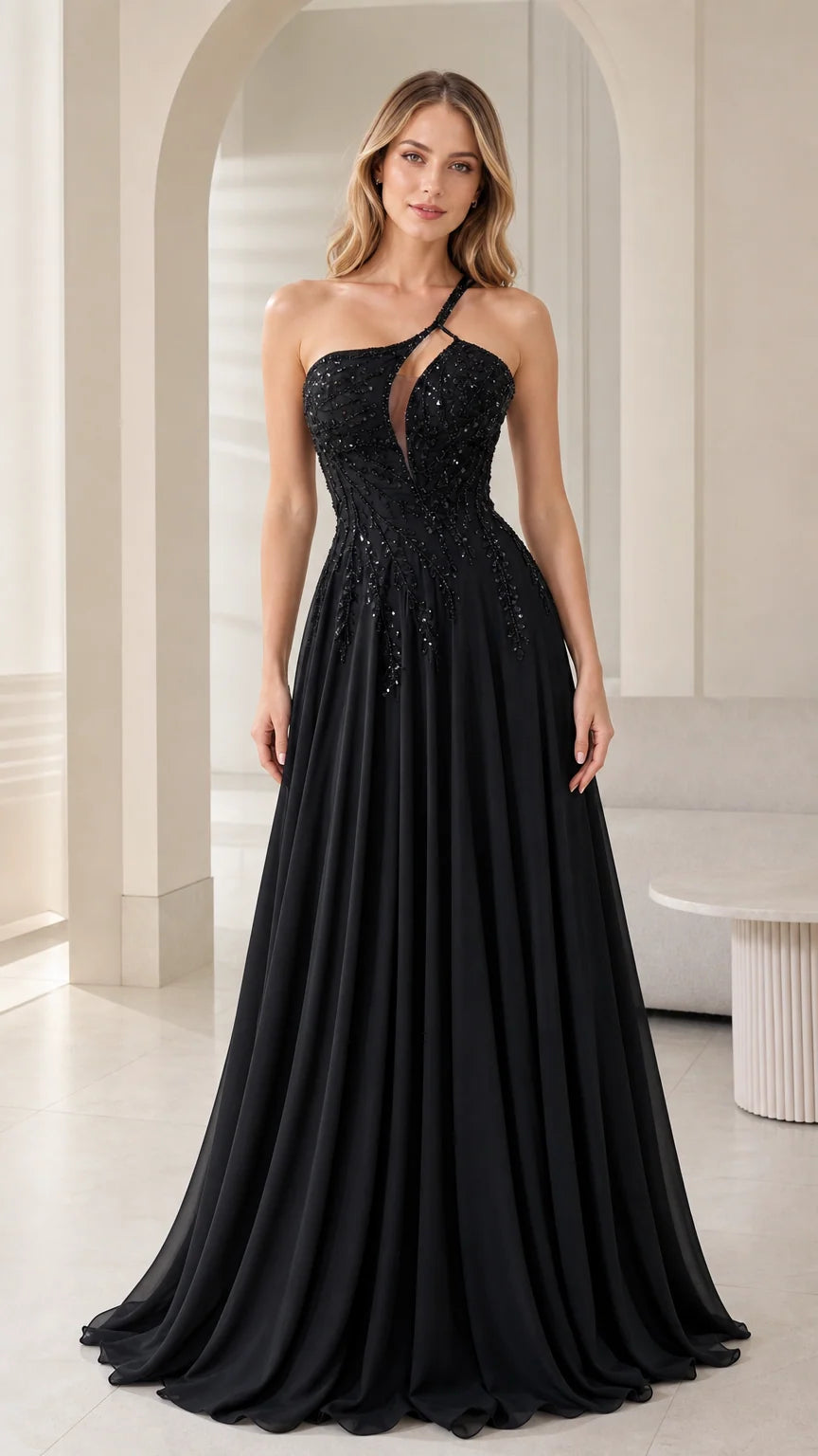 Front view of woman wearing black one-shoulder beaded chiffon evening gown