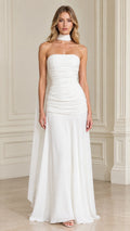 White strapless ruched maxi evening gown with matching choker scarf front view