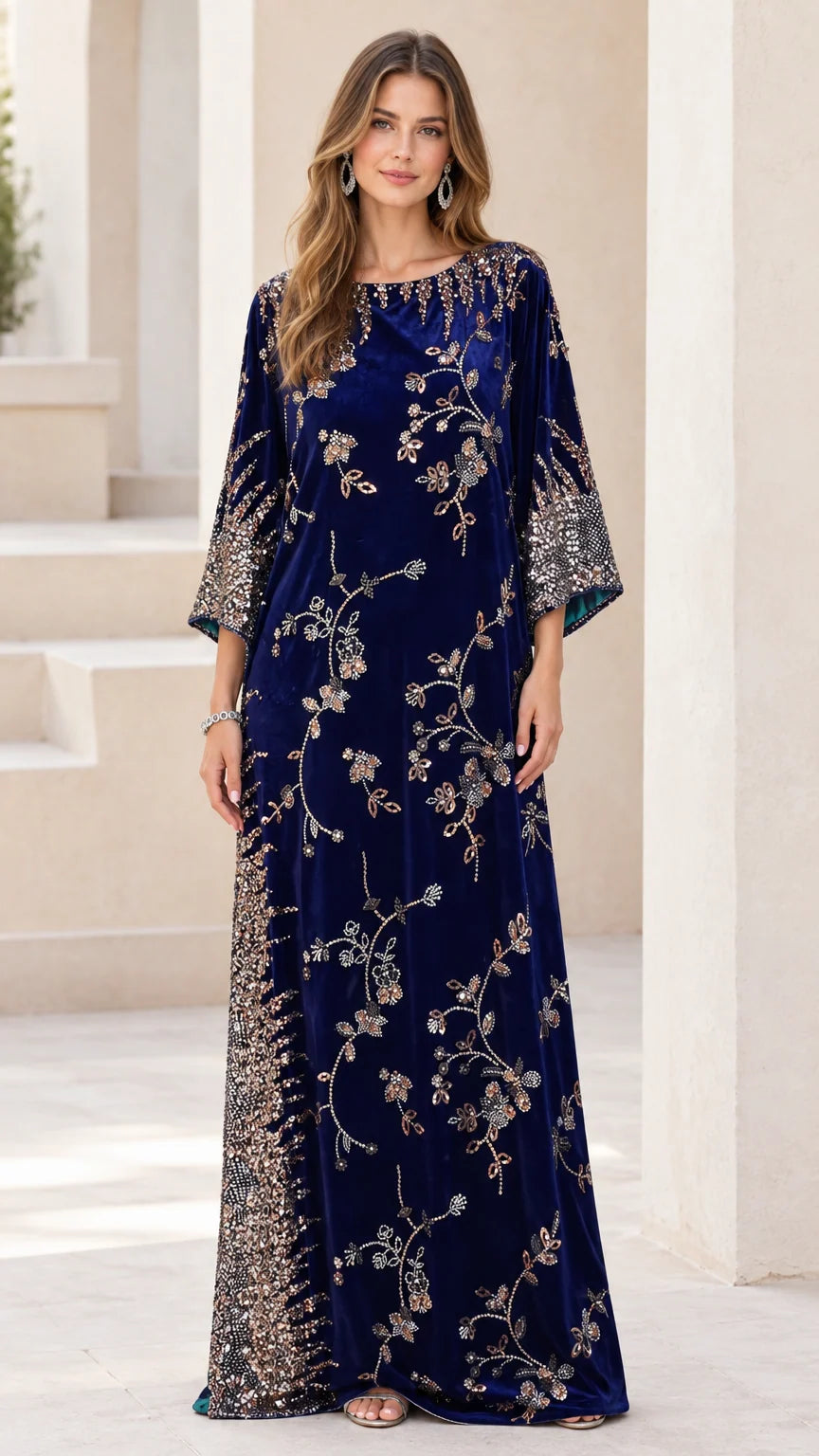 Front full-length view of woman wearing navy blue embellished velvet kaftan maxi dress