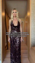 Front view of model wearing burgundy sequin cowl halter maxi evening gown