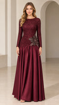 Burgundy long sleeve sequin drop waist formal maxi evening dress front view