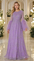 Front view of lavender sequin beaded A-line evening gown with dramatic feather-trimmed sleeves