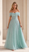 Front view of mint off-the-shoulder evening gown