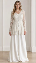 Front view of Ivory women's formal lace tunic jacket and wide-leg pants set