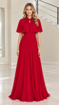 Front view of woman wearing red capelet evening dress with beaded lace bodice