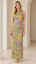 Front view of woman wearing floral embroidered sleeveless maxi dress in sage green