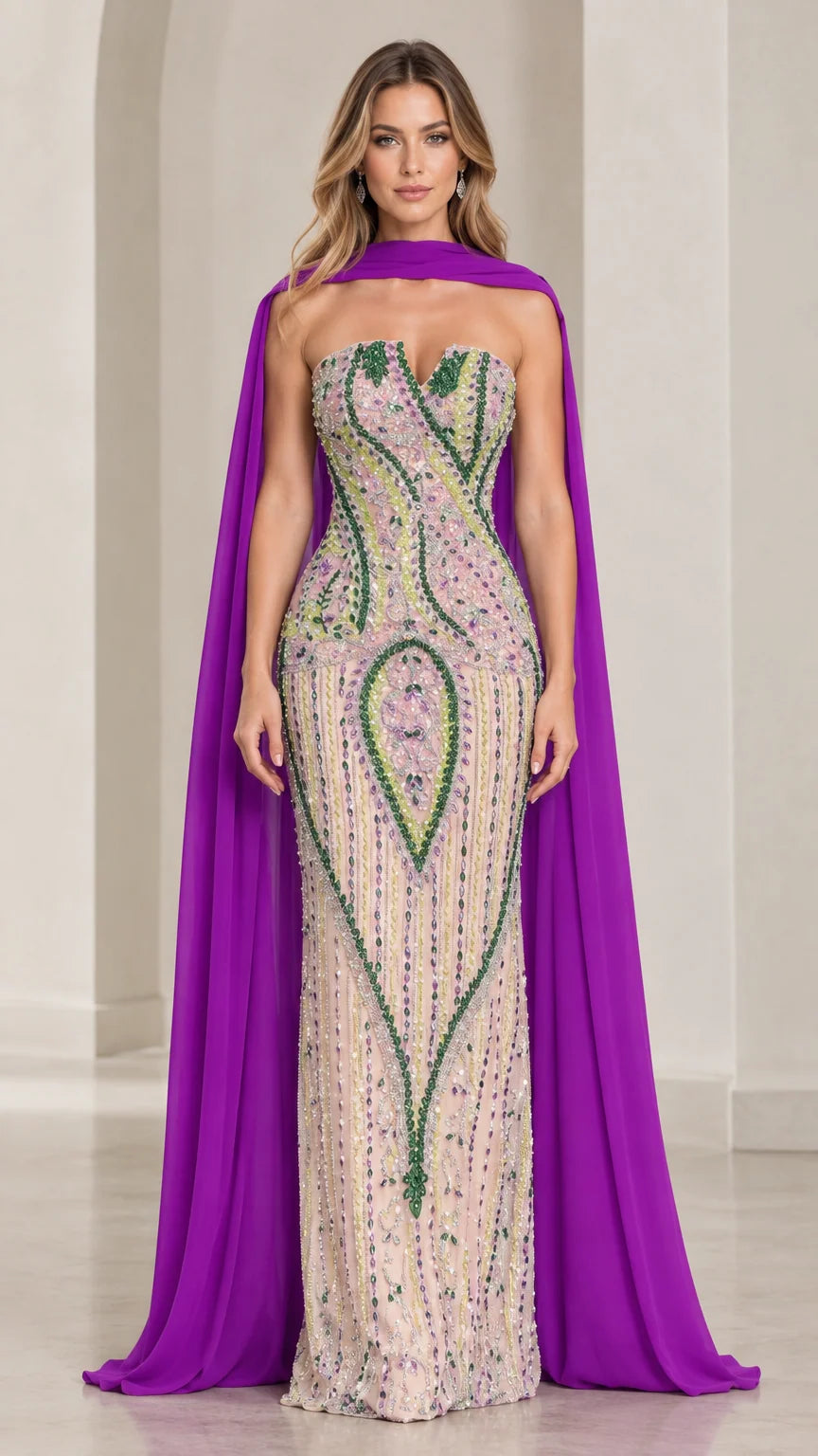 Front view of model wearing purple strapless beaded evening gown with matching purple chiffon cape