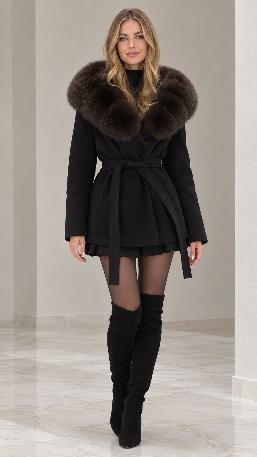 Front view of model wearing black faux fur hooded belted wrap coat with over-the-knee boots