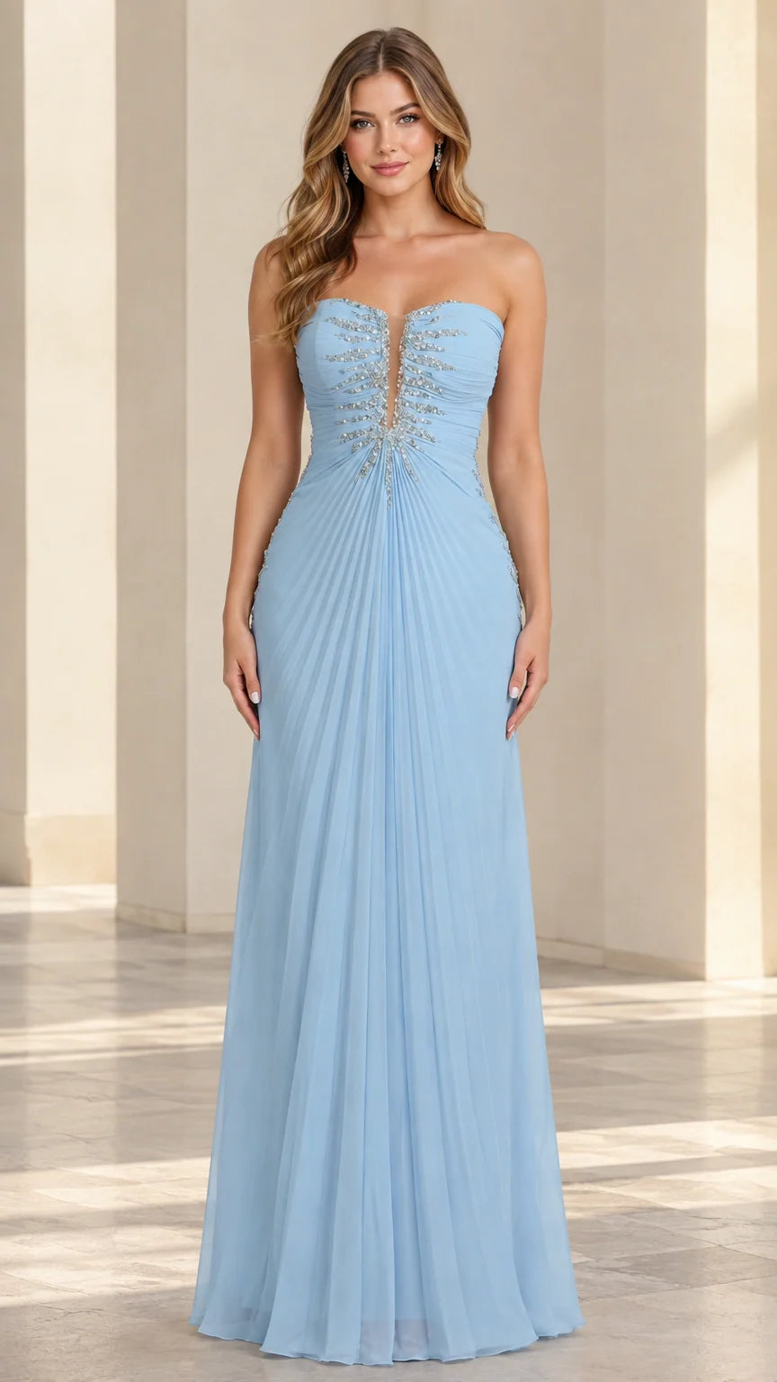 Front view of model wearing sky blue strapless pleated chiffon evening gown with beaded plunge neckline