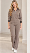 Taupe women's two-piece lounge set with half-zip top and wide-leg pants front view