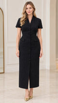 Front view of model wearing black short-sleeve tweed midi column dress with button front