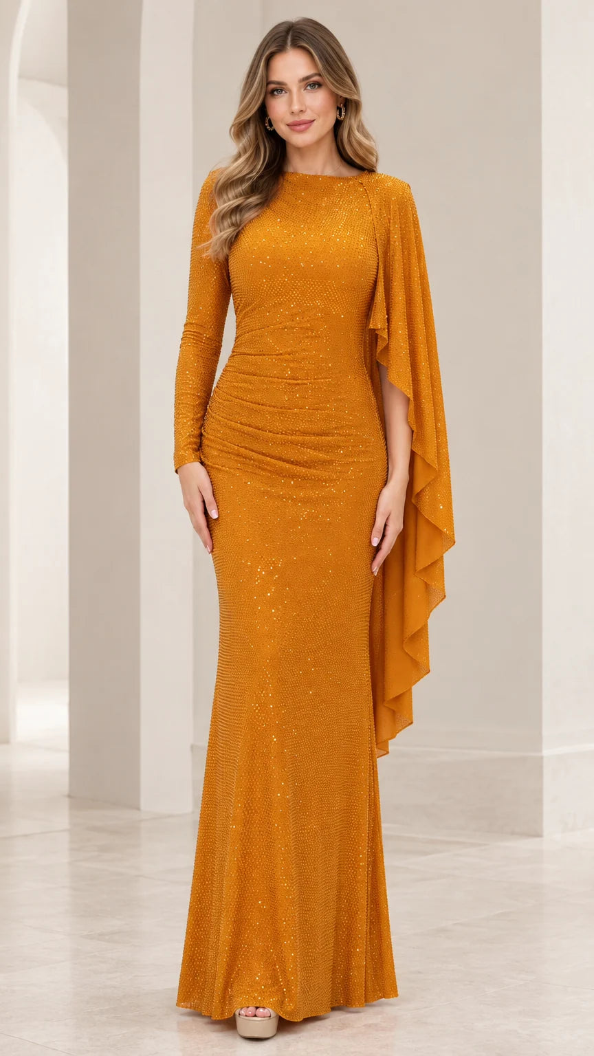 Full-length front view of Mustard Gold sequined maxi gown with asymmetric cape sleeve