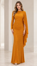 Full-length front view of Mustard Gold sequined maxi gown with asymmetric cape sleeve