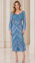 Front view of woman wearing Dusty Blue beaded sequin fringe midi dress with long sleeves