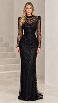 Front view of black beaded long sleeve high neck evening gown on model