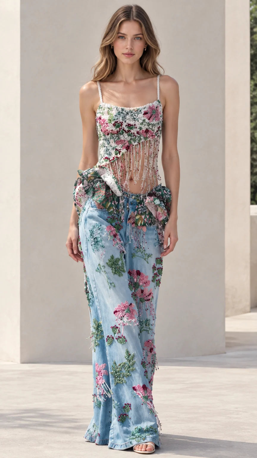 Light blue two-piece set featuring floral beaded cami with fringe and matching wide leg denim pants - front view