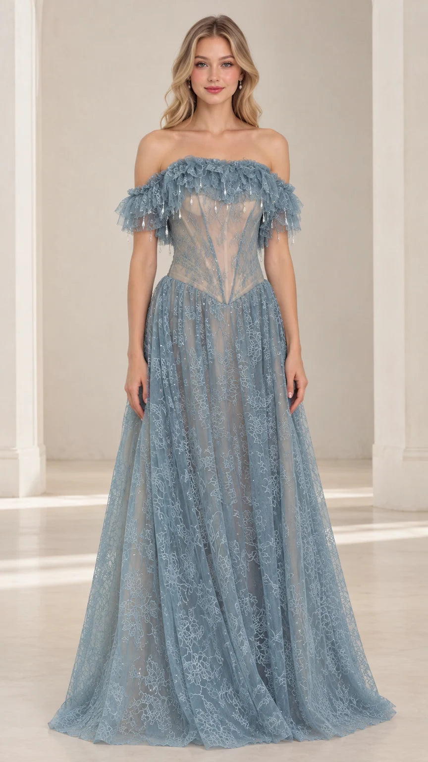 Dusty Blue off-the-shoulder corset lace evening gown front view