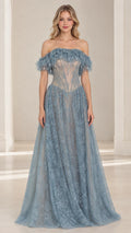 Dusty Blue off-the-shoulder corset lace evening gown front view