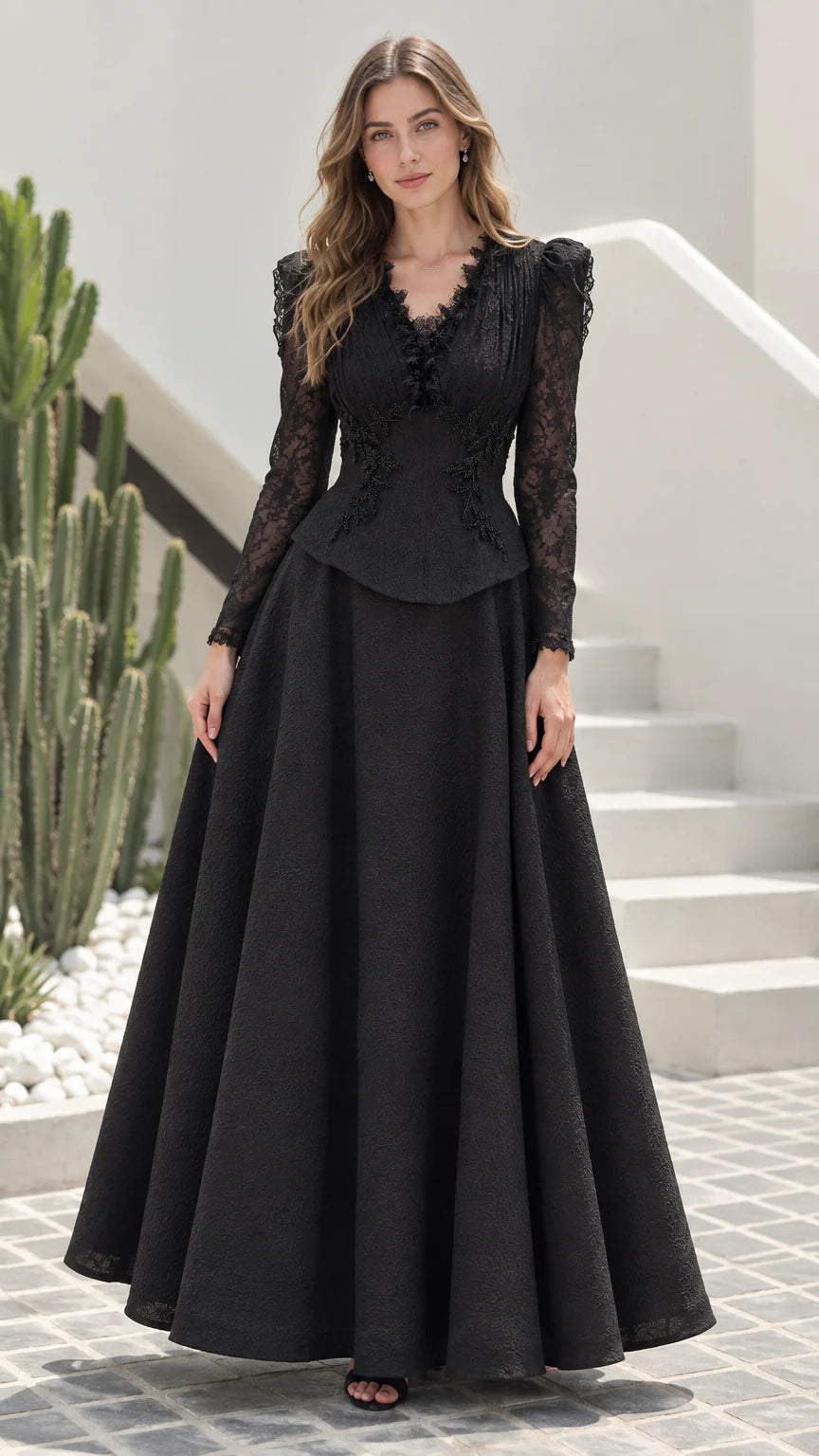 Front view of model wearing black long sleeve lace peplum evening maxi dress