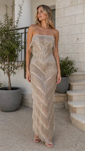 Champagne strapless beaded fringe maxi evening dress front view