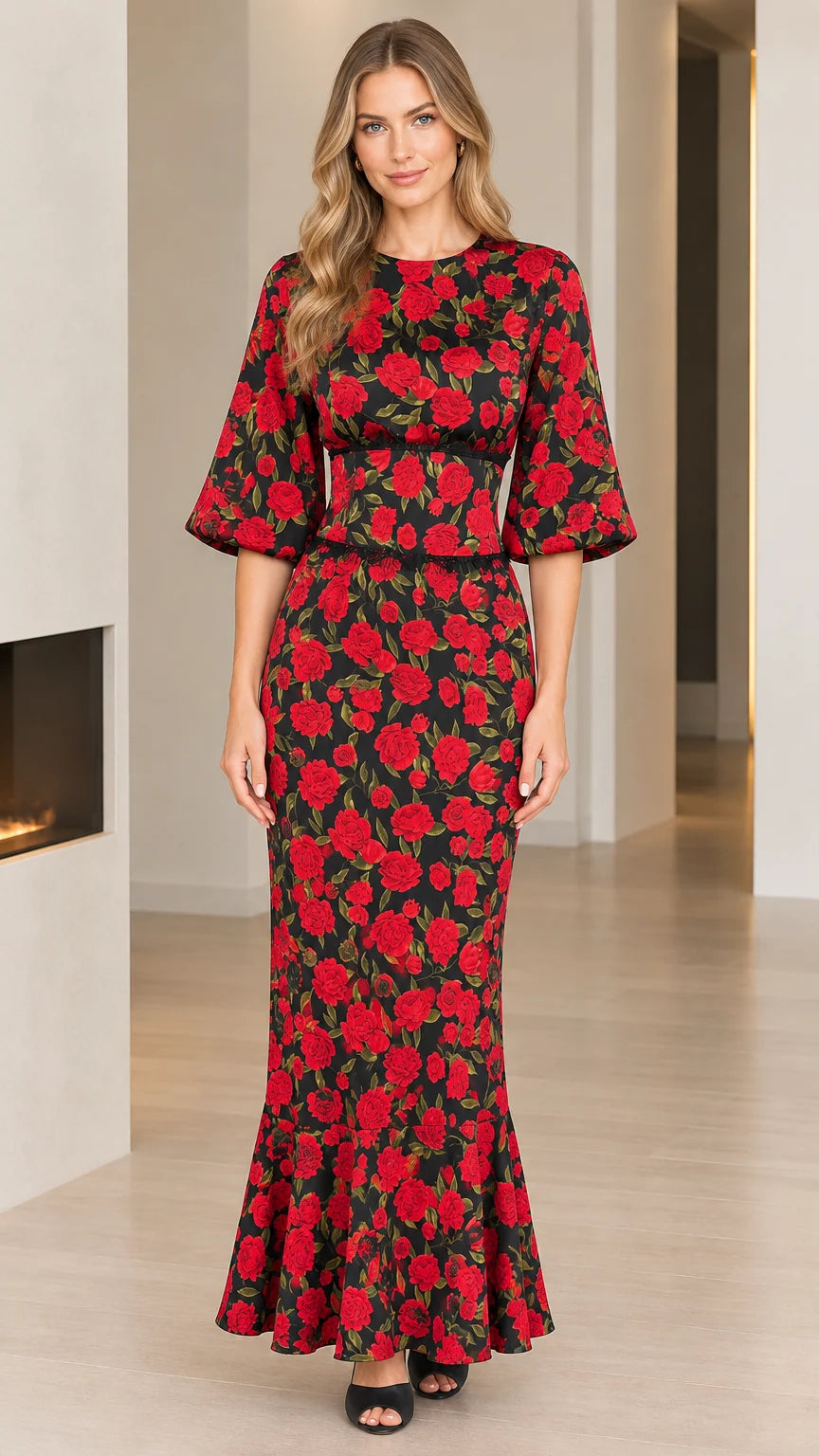 Front view of model wearing black floral mermaid maxi dress with bell sleeves