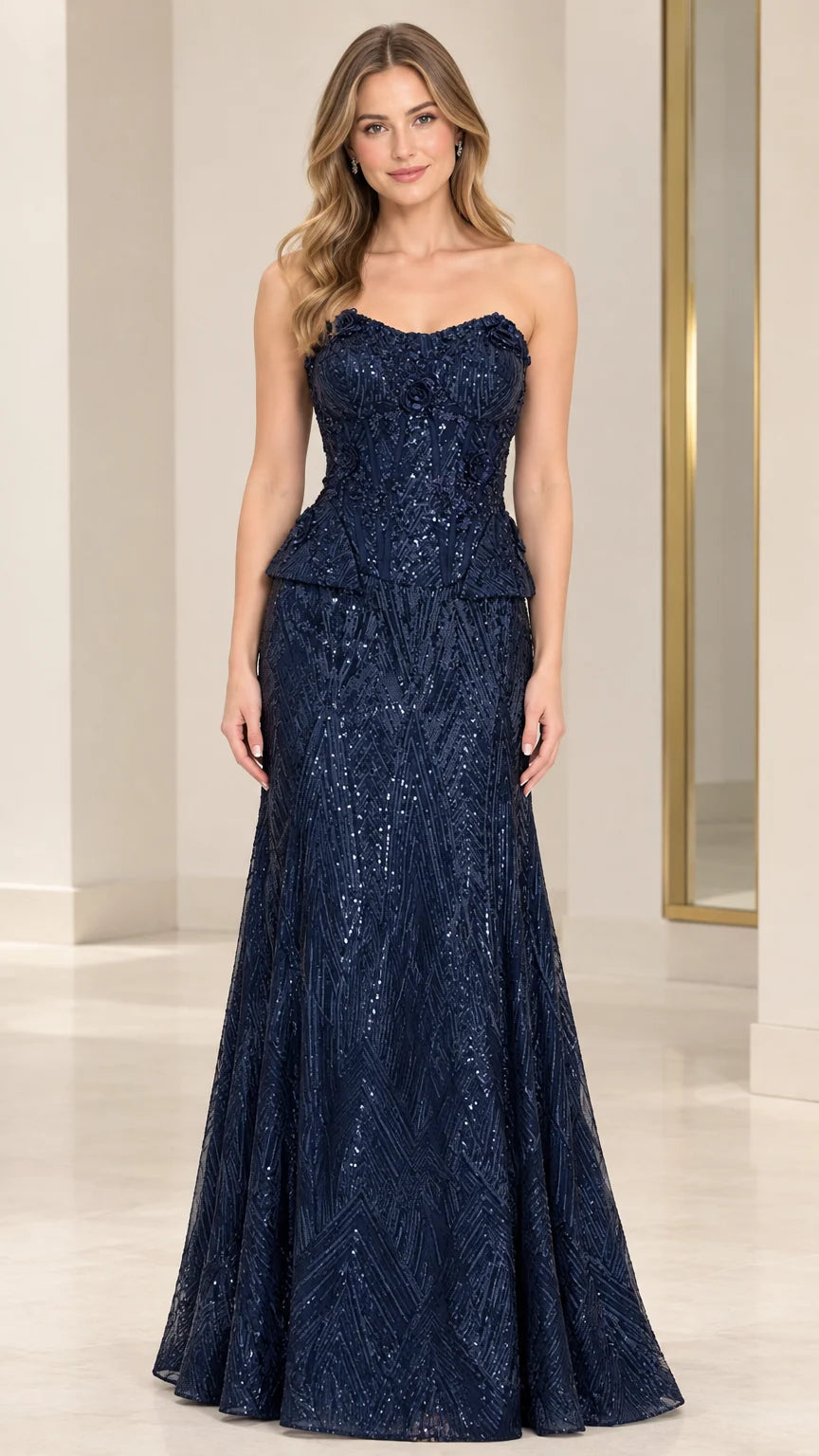 Navy Blue strapless floral sequin peplum mermaid evening gown front view
