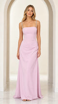Front full view of lavender square neck maxi gown with rhinestone straps