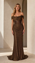 Front view of model wearing Bronze off-the-shoulder glitter draped mermaid gown