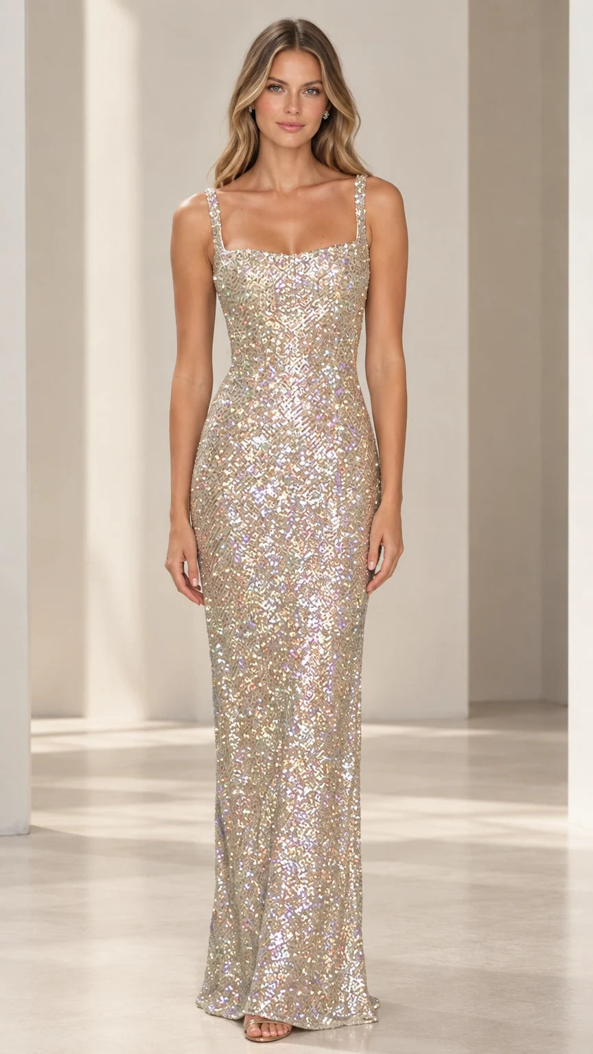 Champagne square neck sequin maxi evening gown front view