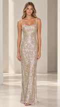 Champagne square neck sequin maxi evening gown front view