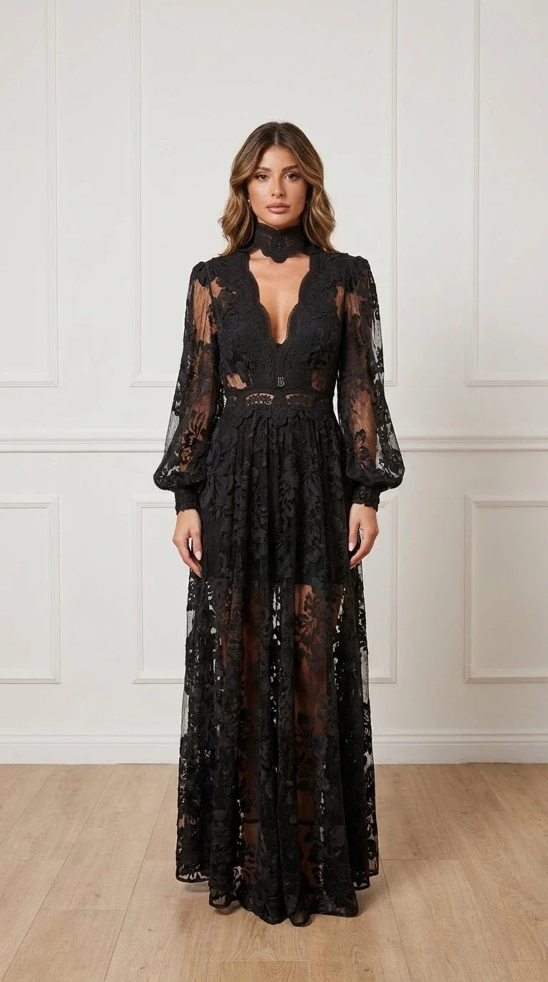 Front view of black sheer lace maxi dress