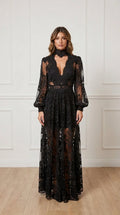 Front view of black sheer lace maxi dress
