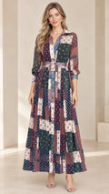 Full front view of model wearing Navy Multi patchwork long sleeve maxi shirt dress with belt