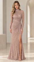 Front view of model wearing dusty mauve mock neck long sleeve evening gown with high slit