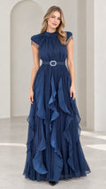 Navy Blue high neck pleated evening maxi gown with beaded fringe cap sleeves - front view
