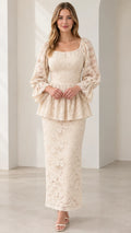 Model wearing Cream Floral Lace Square Neck Peplum Maxi Dress front view