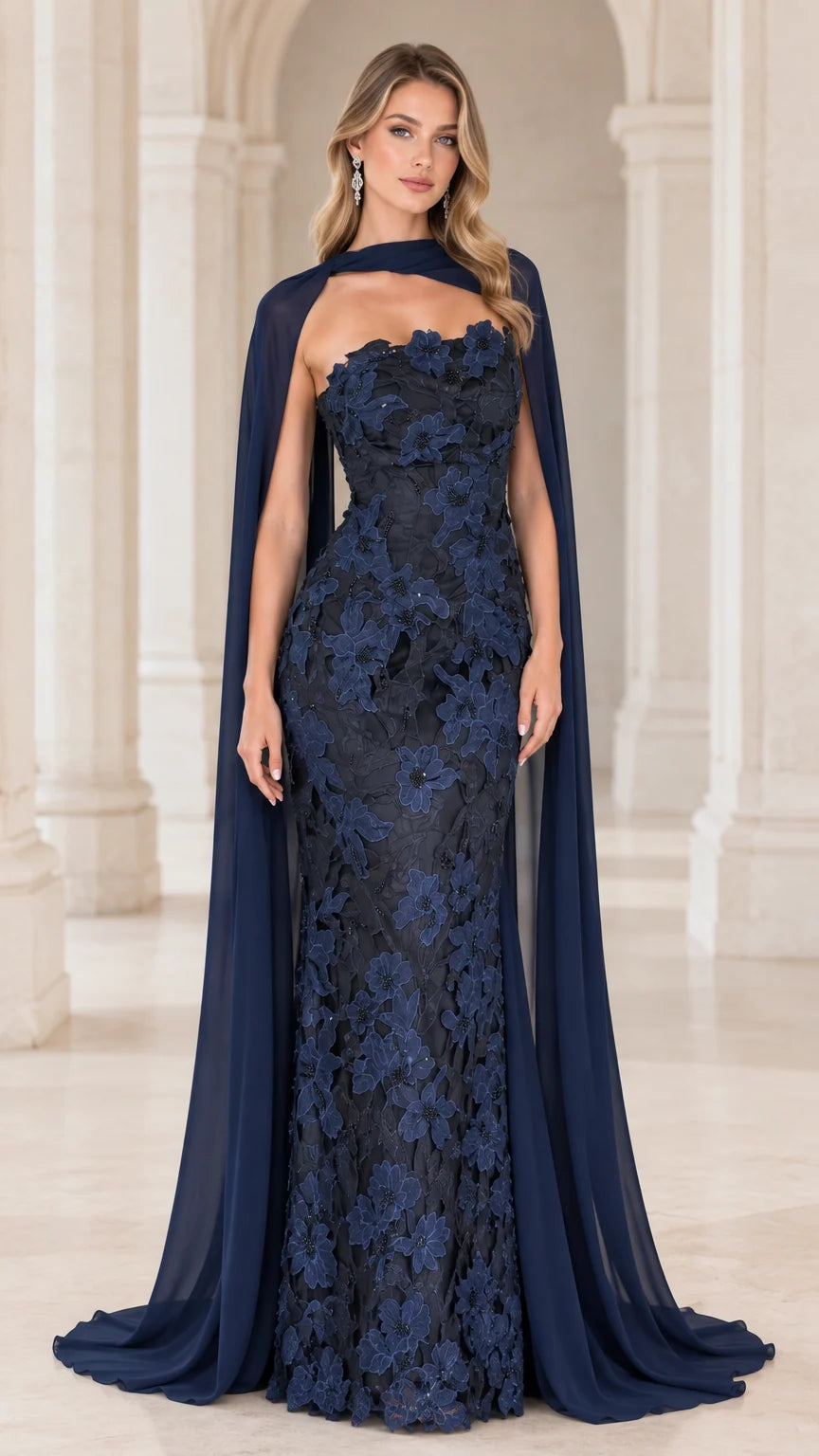 Navy Blue Strapless Floral Lace Evening Gown with Chiffon Neck Cape - Front View