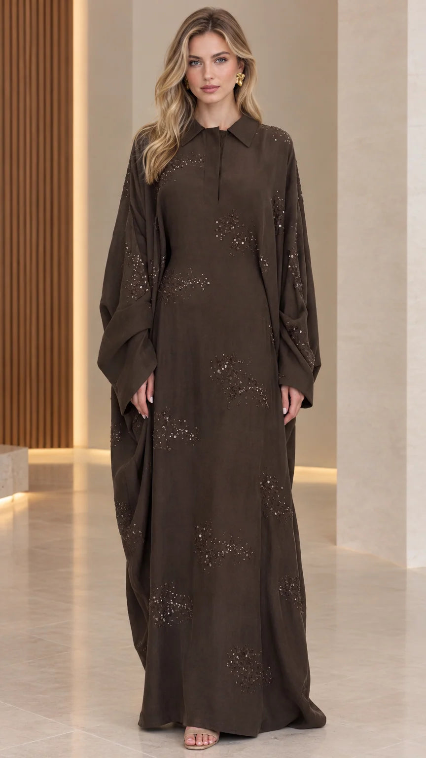 Dark Brown collared sequin embellished kaftan maxi dress front view