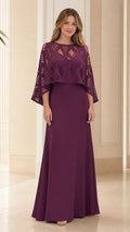 Front view of the plum cape overlay evening dress