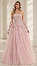 Front view of model wearing Blush Pink strapless beaded tulle ball gown with matching sheer gloves