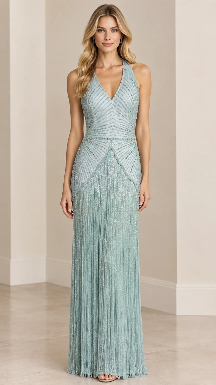 Front view of model wearing Sage Green halter beaded fringe maxi evening gown