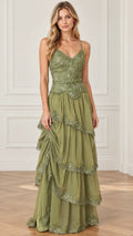 Front view of olive green spaghetti strap tiered maxi gown with embroidered bodice