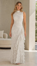 Front view of ivory high-neck beaded evening gown