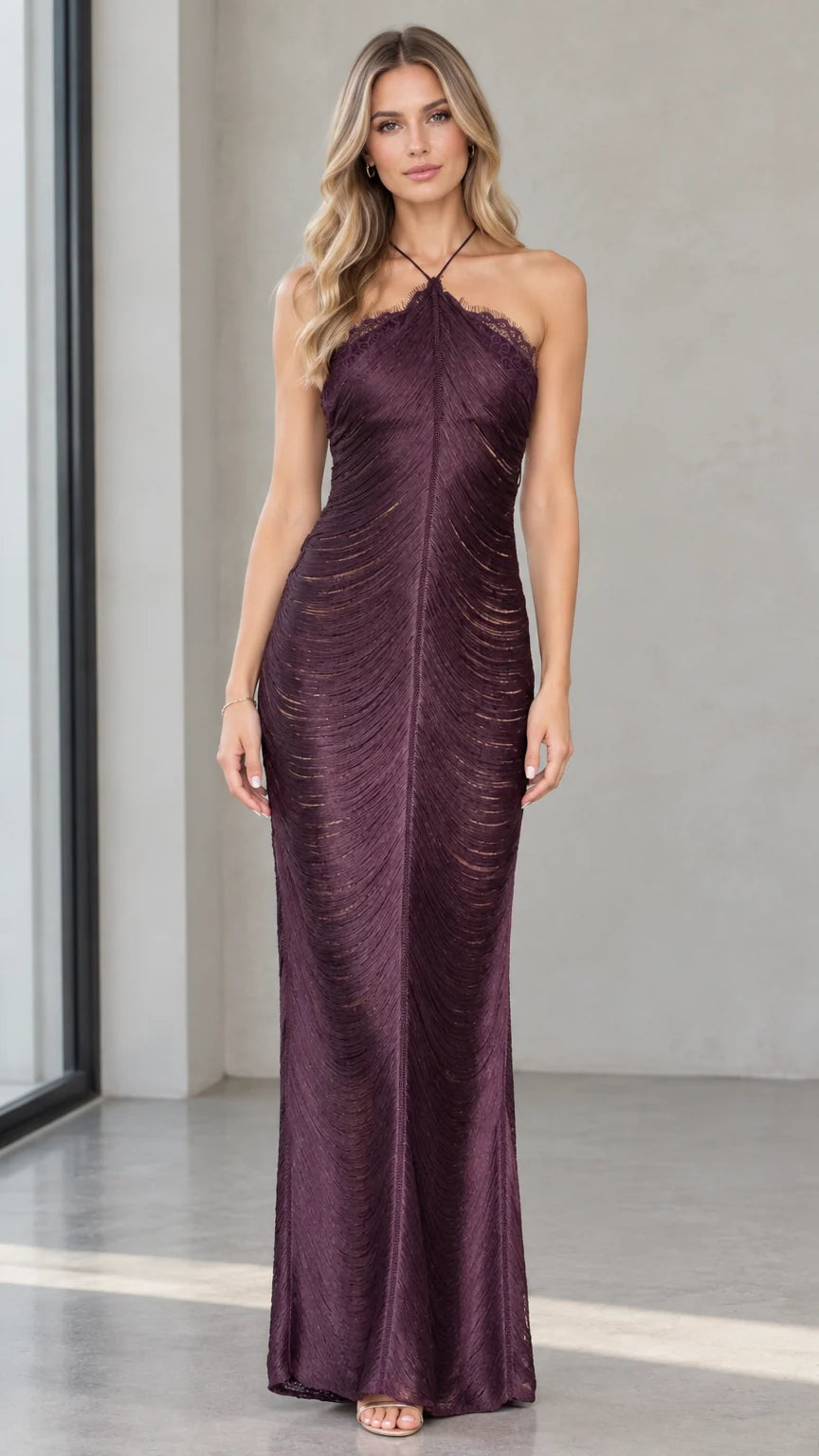 Front view of model wearing halter neck eyelash lace textured maxi dress in Deep Plum