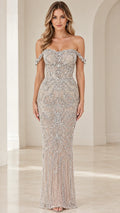 Full front view of Champagne off-the-shoulder beaded formal evening gown