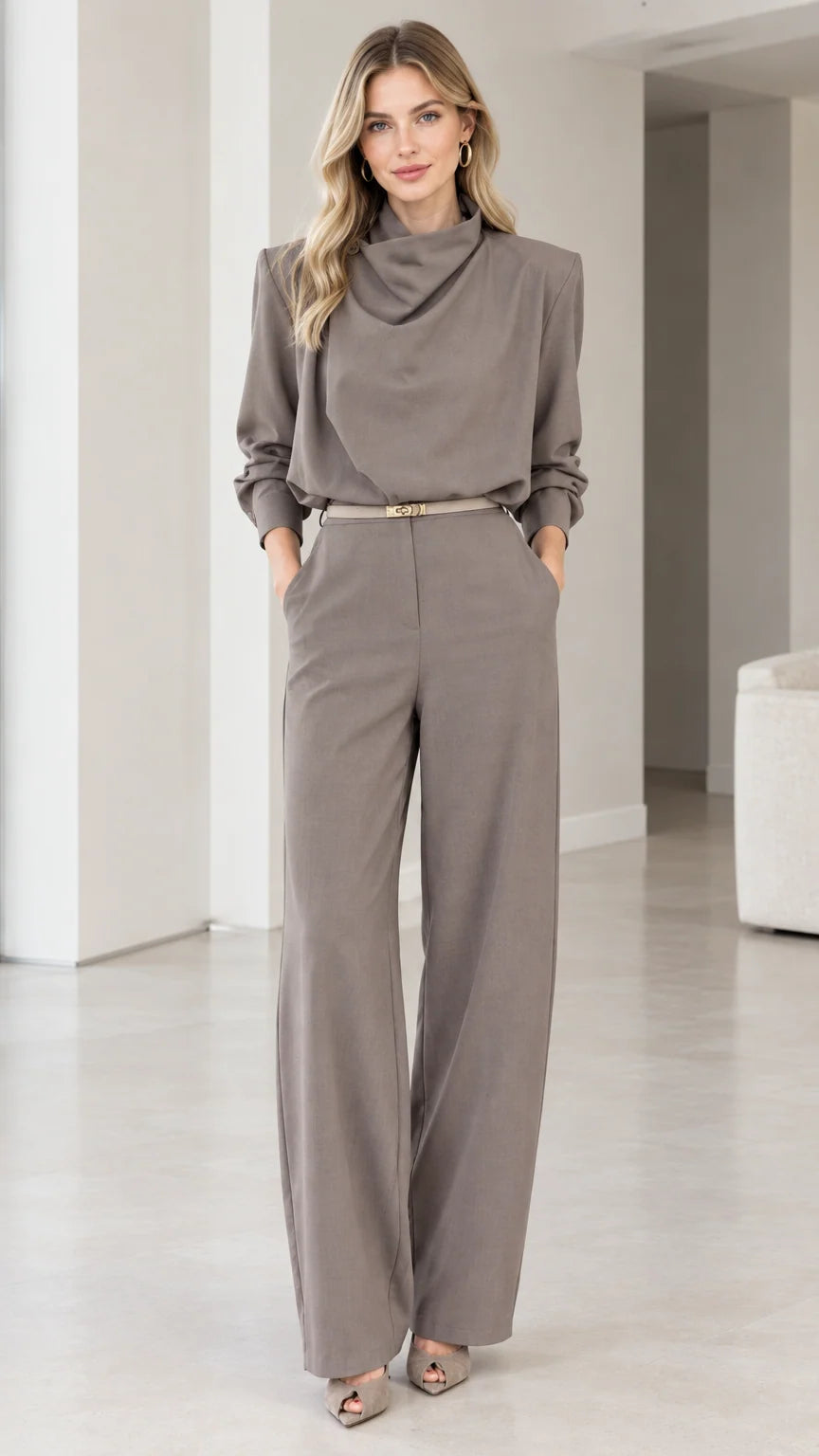Taupe Grey Cowl Neck Long Sleeve Wide Leg Belted Jumpsuit Front View